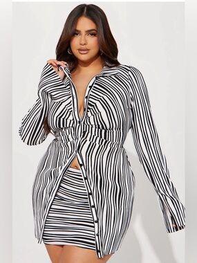 Fashion Nova 2 pc Striped Button-Front Shirt & Skirt Set in Black & White NEW 3x